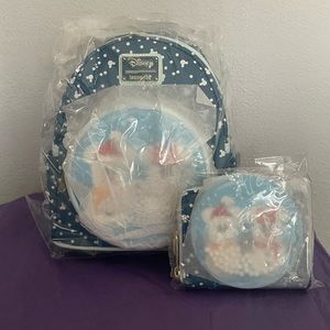 Loungefly Disney Snowman Minnie Mickey Snow Globe Mini Backpack & wallet
